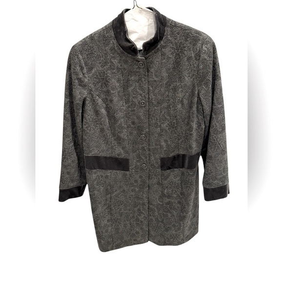 COLDWATER CREEK Gray Floral Paisley Duster Coat Long Velvet Trim Jacket Size 18W - Picture 1 of 3